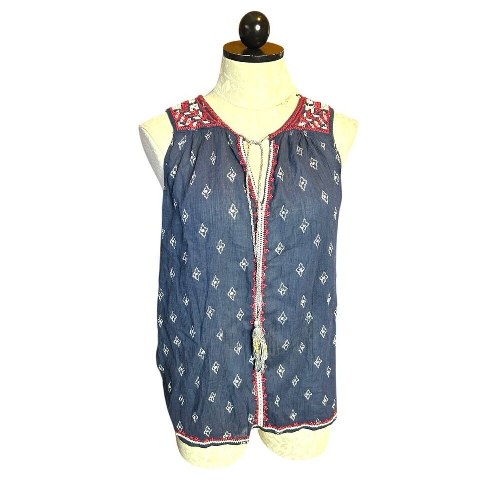 Lucky Brand Blouse Top V-Neck Red White & Blue Embordered Sleeveless Sz M